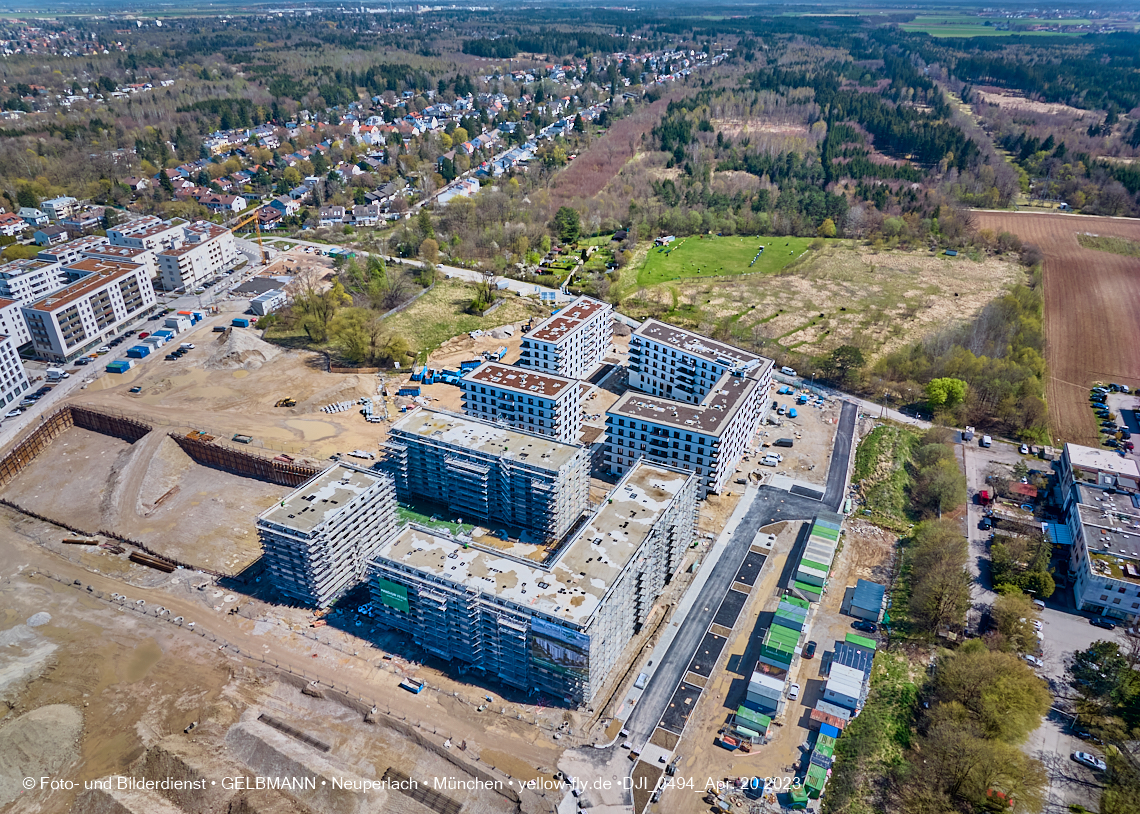 21.04.2023 - Luftbilder von der Baustelle Alexisquartier und Pandion Verde in Neuperlach